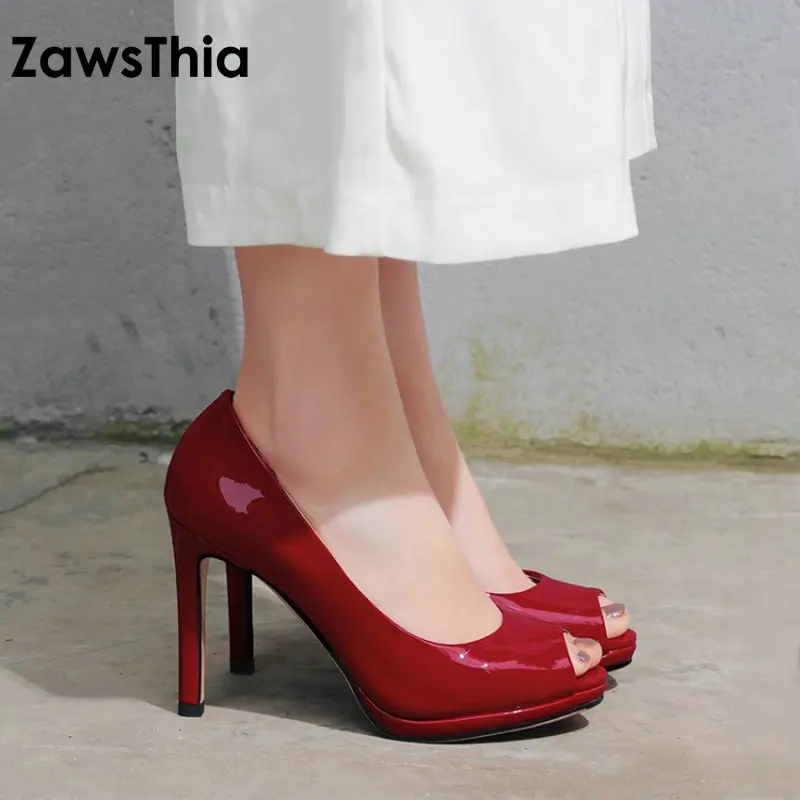 

ZawsThia Patent PU Leather Thin High Heels Pumps Dress Party Office Lady Pumps Peep Toe Spring Summer Women Shoes Stilettos