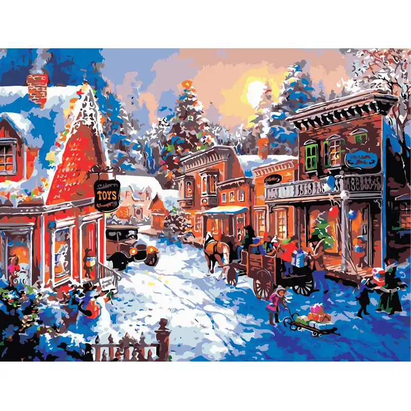 Christmas Street snow scenery image Paint By Numbers DIY Handpainted
