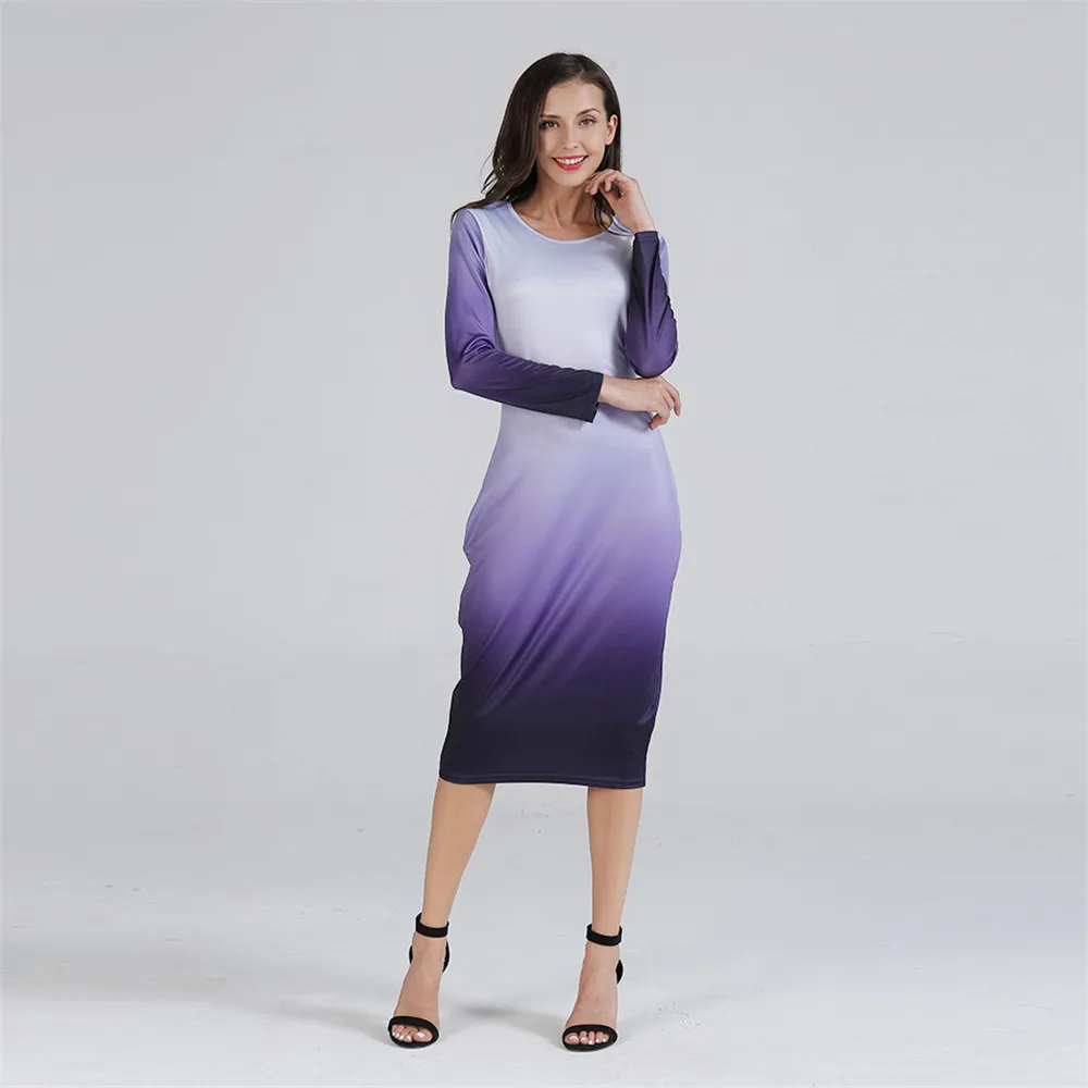 Women Basic Dress 2018 Gradient Ramp O Neck Long Sleeve Slim Dresses Bodycon Midi Office Working Dress Elegant All Match (28)