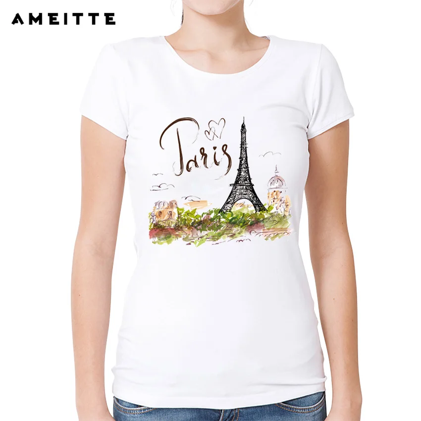 Женская футболка с принтом AMEITTE I love Paris Модная белая коротким рукавом в стиле