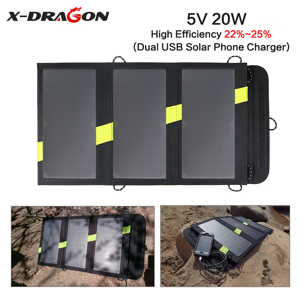 

X-DRAGON 5V 3.7V 20W Portable Solar Panel Charger for iPhone iPad Samsung HTC LG Huawei Xiaomi Phones Tablets