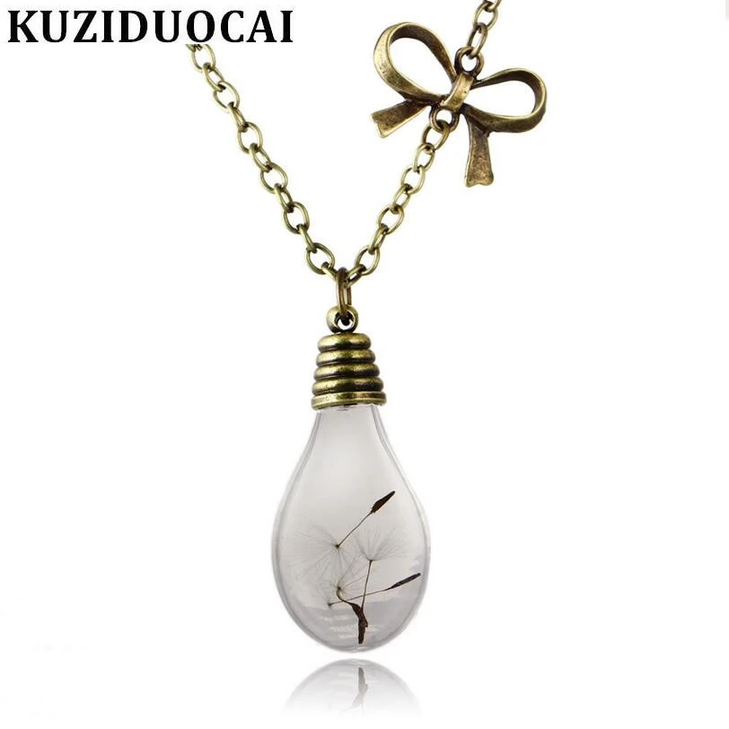 

Kuziduocai New Fashion Fine Jewelry Glass Bronze Vintage Dandelion Bulb Shape Bowknot Wishing Necklaces & Pendant For Women N-49