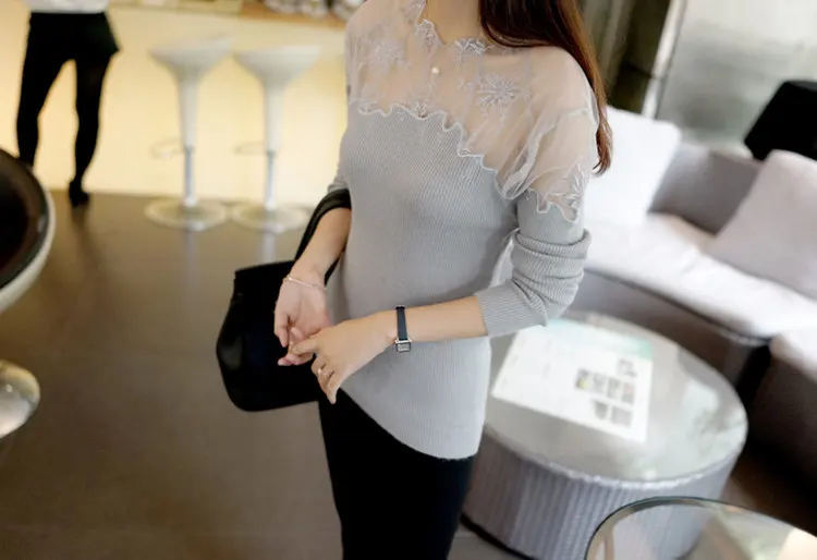 Sexy Slim Pullovers Female 2019 New Long Sleeve Gauze Lace Stitching Sweater Women Fashion Knitted Sweater Sueter Mujer (10)