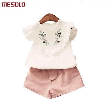 

MESOLO Baby Girls Clothing 2019 New Cotton Embroidered Flower T-shirts + Tie Solid Color Shorts 2pcs Kids Sets Children's Clothe