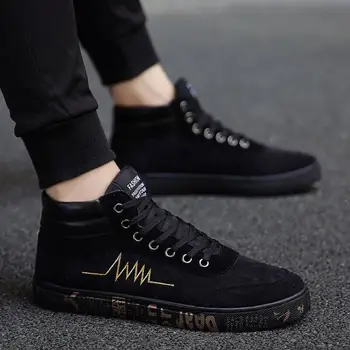 

2019 New fashion All Black Men lace up walking shoes canvas shoes high top sneakers Male Boys casual flats sneakers shoes jkm9