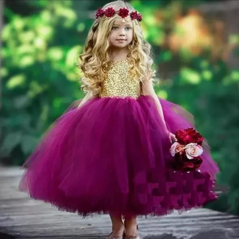 

Gold Sequins Flower Girl Dresses Sleeveless Appliques Fluffy Tulle For Wedding Birthday First Communion Get Together Dresses