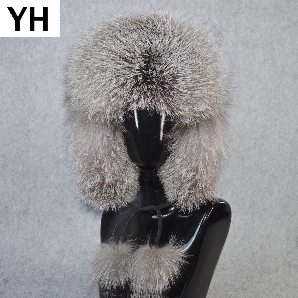 

2019 Classic Design Winter Windproof Genuine Real Fox Fur Bomber Hat Women 100% Real Fox Fur Hats Warm Russia Real Fox Fur Caps