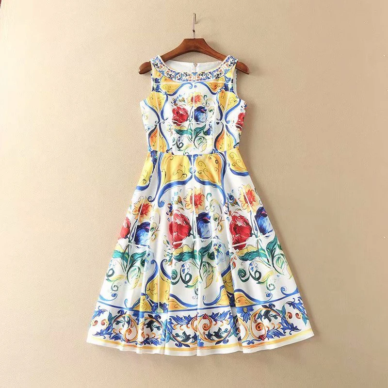

HIGH QUALITY Newest 2019 Designer Runway Dress Women's Sleeveless Retro Blue White Floral Printed Back Buttons Tank Dress
