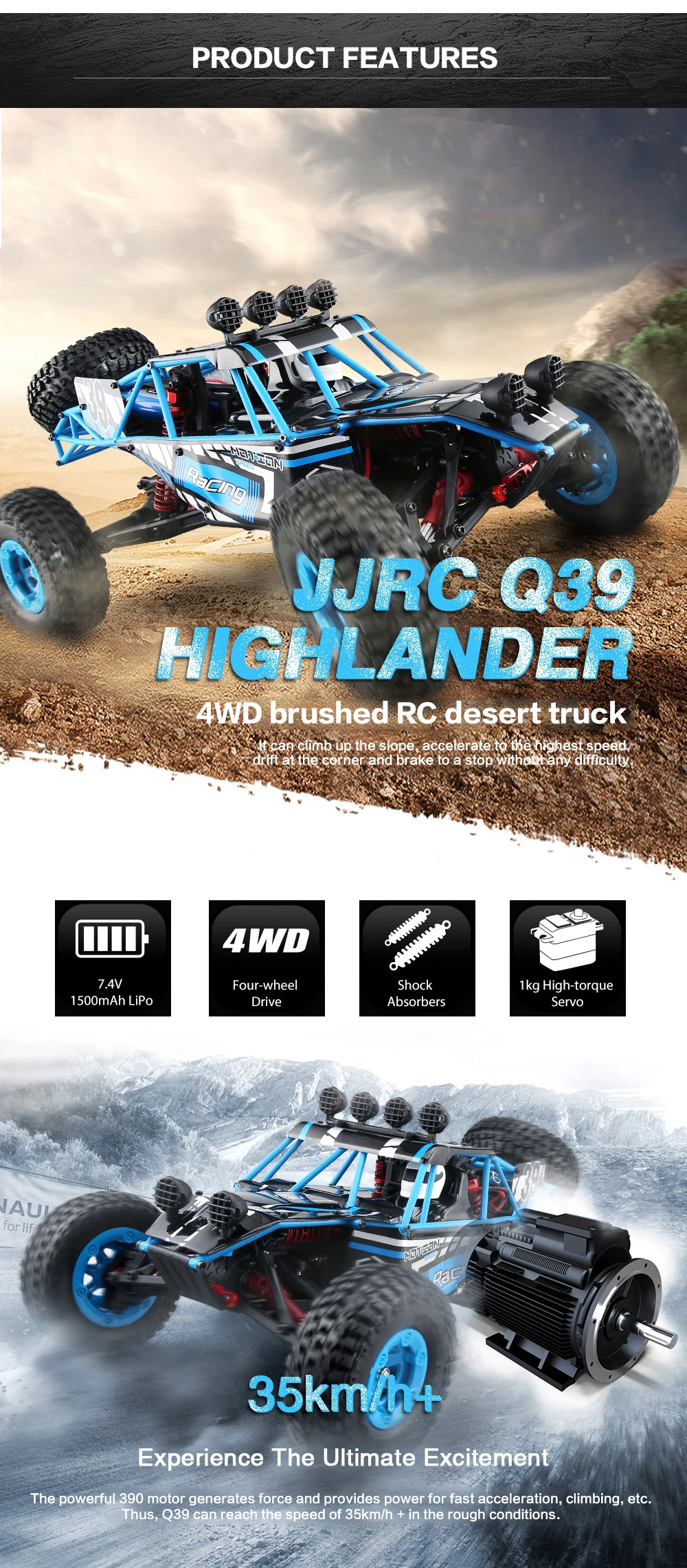 JJRC Q39 1:12 4WD RC пустынный грузовик RTR 35 км/ч+ быстрая скорость 1 кг сервопривод с высоким крутящим моментом 7,4 В 1500 мАч LiPo аккумулятор F22485