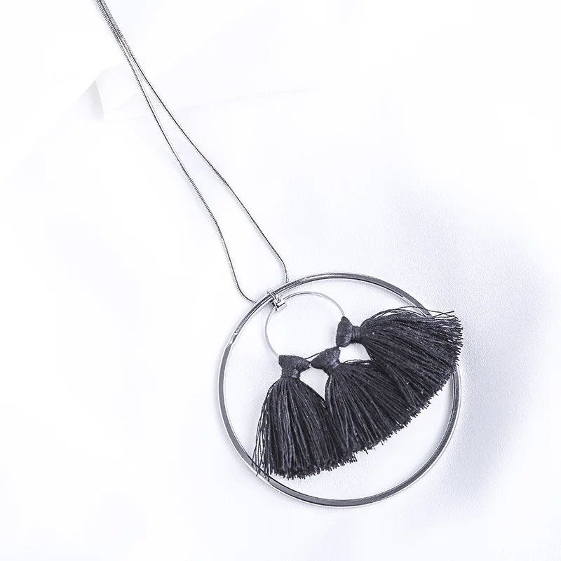

2019 modern sleek minimalist silver color necklace women's girl circle black tassel pendant jewelry cute elegant birthday gift
