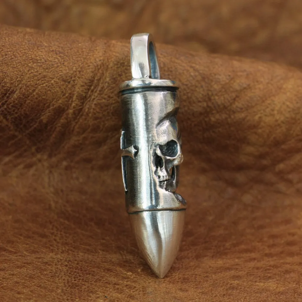 925 Sterling Silver Skull Cross Bullet Pendant Mens Biker Punk Pendant TA153