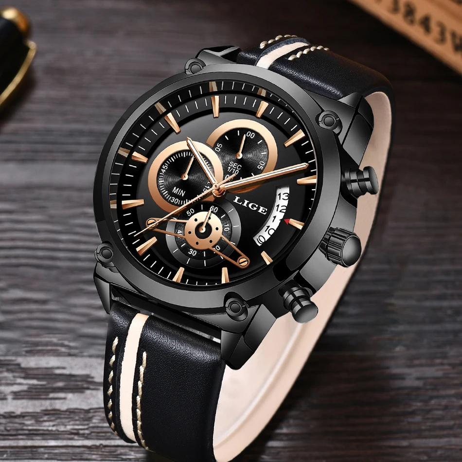 Reloj Hombre LIGE новые мужские часы хронографы аналоговые кварцевые часы мужские Дата креативный циферблат синий кожаный ремешок