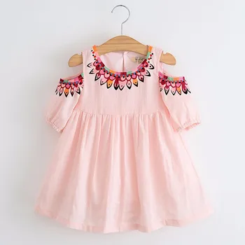 

2017 Summer Girls Princess Dress Shoulder Hole Cut Print Kids Clothes Fashion Strapless Embroidery Printing Dress Girl Clothing