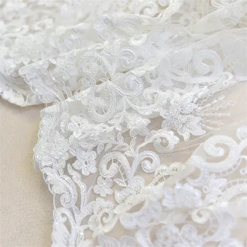 

1Y 130cm Luxury Handmade 3D Beaded Pearl Sequins Lace Fabric DIY Material European Wedding Lace Ivory LC0178