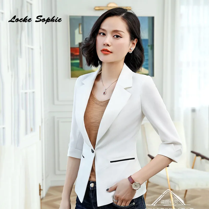 1pcs Women Plus size Blazers coats 2019Summer cotton blend Splicing Middle sleeve Suits jackets ladies Skinny Blazers Suits coat