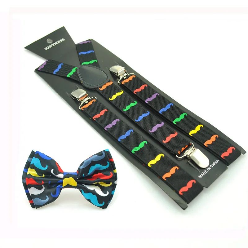 Зажим на подтяжках эластичная подвеска с галстуком-бабочкой набор y-образный 1" Усы" цвета мужские и женские подтяжки и галстук Набор Горячая Распродажа