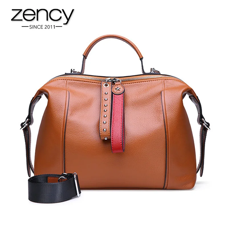 Zency натуральная кожа классическая черная женская сумка модная британская Бостонская сумка повседневная сумка женская сумка через плечо с заклепками - Цвет: Brown