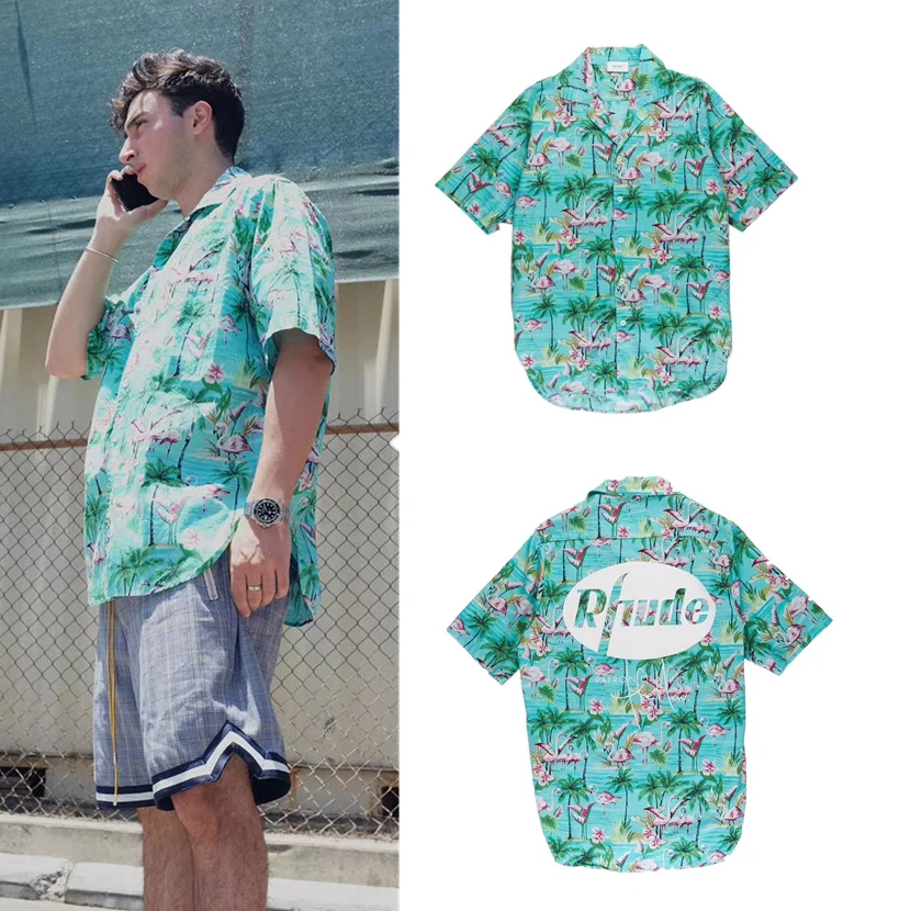 

New RHUDE T shirt Men 1:1 Best Quality Top Tees Flamingo Skateboard Short Sleeve green bird Top Tees RHUDE T-shirts