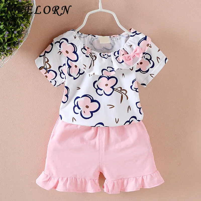 

Keelorn Girls Clothing Set 2019 kids Summer Cloth Shortsleeve Floral Printing Blouse+Solid Cute Short 2Pcs Children Clothes sets