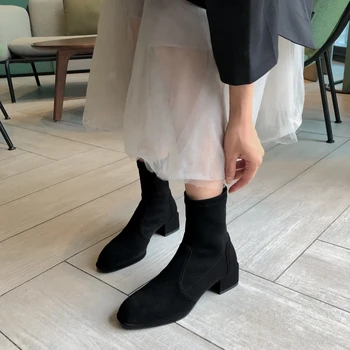 

Women's genuine suede leather black slim slip-on autumn short booties high quality warm plush stretch low heel boots shoes women