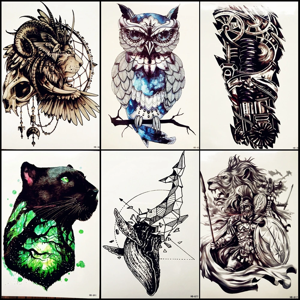 

6 Pieces/Lot 3D Geometric Body Art Temporary Tattoo For Men Women Henna Fake Diamond Owl Dolphin Whale Translated Tattoo Sticker