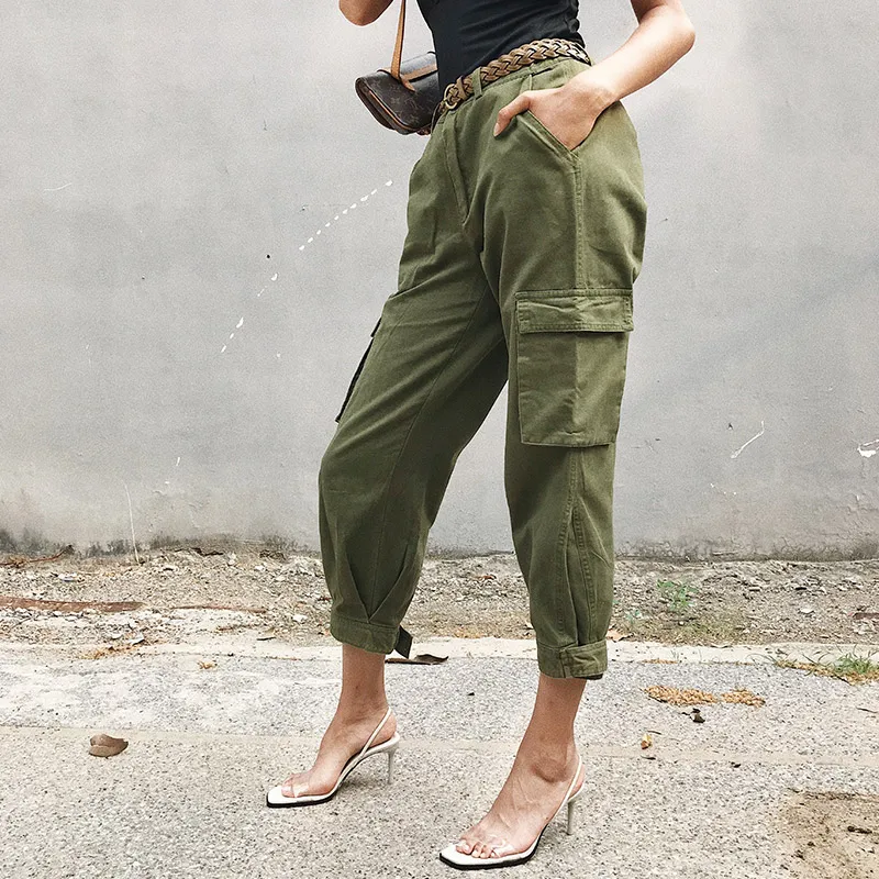 Bazaleas Vintage side Pocket Women Cargo Pants Fashion High Waist women pants harajuku pantalon femme joggers women