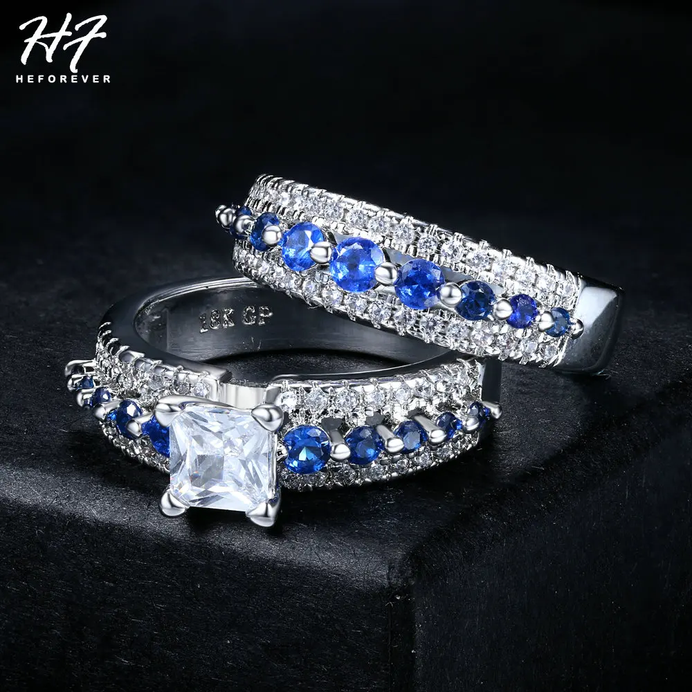 

Luxury Blue Crystal 2 Rounds Ring Sets For Women Square-cut AAA CZ Crystal Engagemt Party Fashion Jewelry Xmas Gift YG023