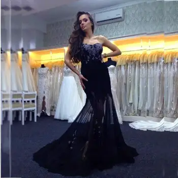

Vestido De Festa Sexy Black Lace Appliques Prom Gown Sweetheart Neck Mermaid Tulle See Through Evening Dresses for Wedding Party