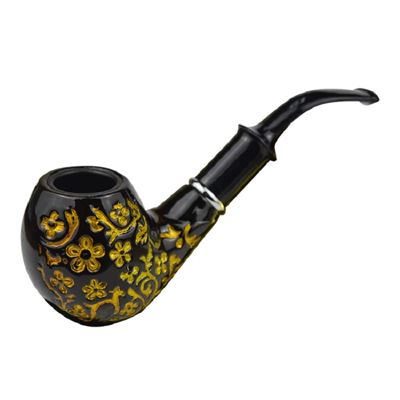 1pcs top Fashion Black Resin Smoking Pipe Gold Flower Carving Metal