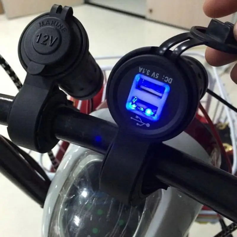 

12V-24V Waterproof Motorcycle Dual USB Charger Quick Charge Handle Bar Socket Blue Light Phone Charger With 60 CM Line ME3L
