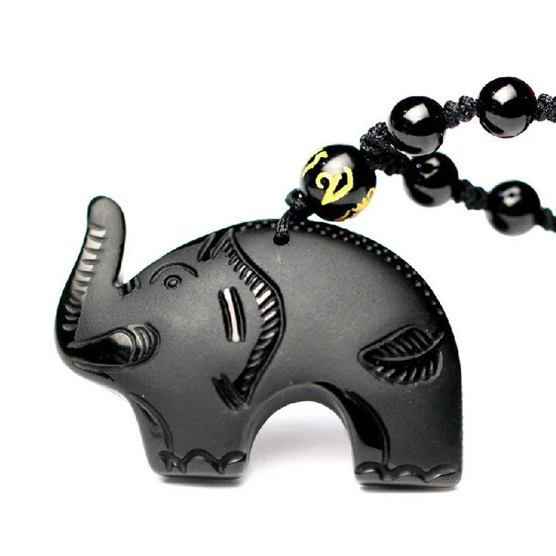 

Drop Shipping Chinese Carving Black Obsidian Elephant Necklace Maitreya Lucky Amulet JiXiangRuYi Pendant Fine Crystal Jewelry
