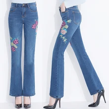 Весенне-летние модные женские Стрейчевые расклешенные джинсы с вышивкой, повседневные женские узкие отбеленные вышитые джинсовые брюки