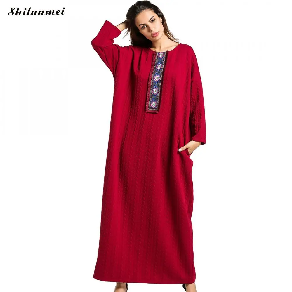 Women red embroidery floral autumn Oversized long sleeve winter Dress ...