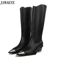 JAWAKYE designer knee high boots Woman Motorcycle Booties pointy toe Metal decor low heel winter knight long Boots for ladies