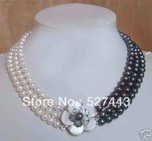 

Wholesale free shipping >>3row white & black pearl necklace shell flower clasp