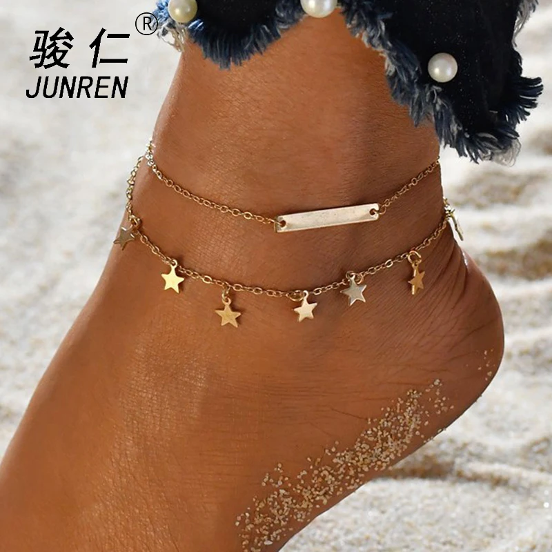 

New Vintage Multi Layer Beads Anklets For Women Fashion Star pentagram Pendent Anklet Handmade Chain Foot Party Jewelry Gift