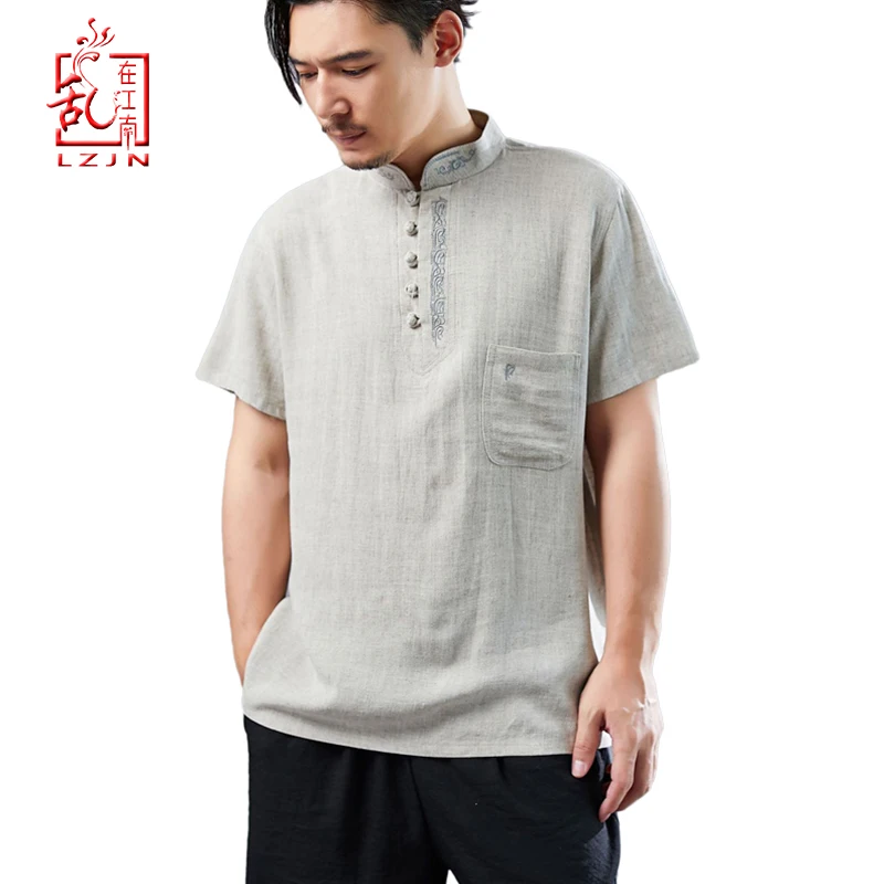 Men Vintage Henley Shirts Chinese Style Cotton Linen Solid Short Sleeve Tee Tops
