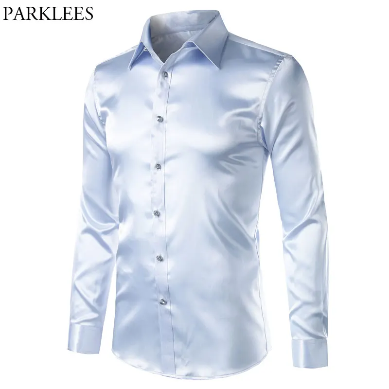 En Ligne Lisse Soie Satin Chemise Hommes Slim Fit À Manches Longues Brillant Argent Robe Chemises Hommes Weedding Club Partie De Bal Mâle Smoking chemise XxXl