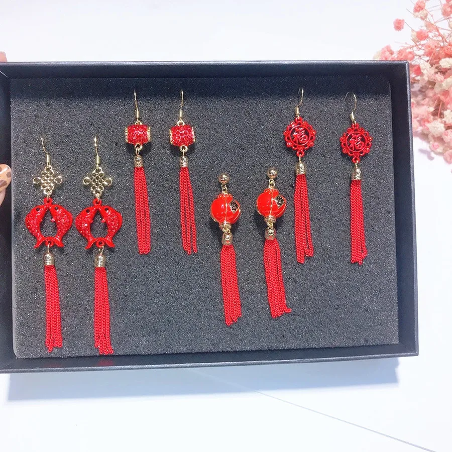 Red Lantern Chinese Knot Long Earrings Retro Chinese Style Festive Tassel Earrings New Year Women Fashion Jewelry Accessories