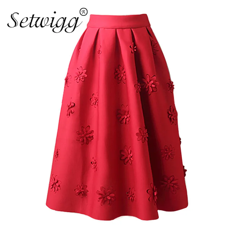

SETWIGG Autumn Scuba Puff Pleated Midi Skirt High Waisted Embossing Dobby Floral Elegant A-line Medium Long Skirts SG77