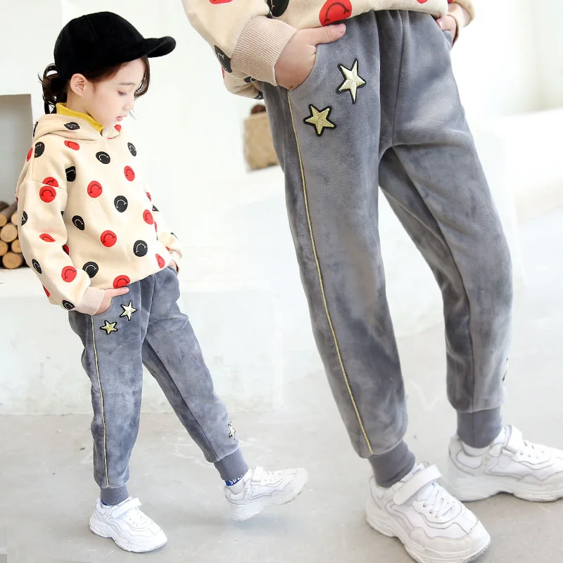 

Girls pants plus velvet thick casual sports pants winter 2019 solid color children's fleece warm pants 2-12 years