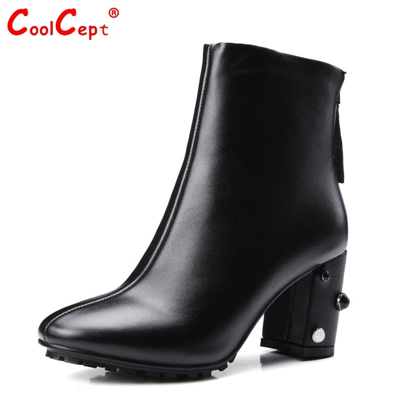 

Winter Genuine Leather Boots Women Ankle Snow Knight Boots Sexy Square High Heel Fashion Zipper Round Toe Women Shoes Size 34-39