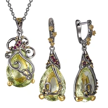 Красивый Neaklace/серьги, комплект из 2 предметов, большая чайная капля, оливковый камень, ювелирные наборы, цветные вечерние ювелирные изделия с кристаллами для женщин
