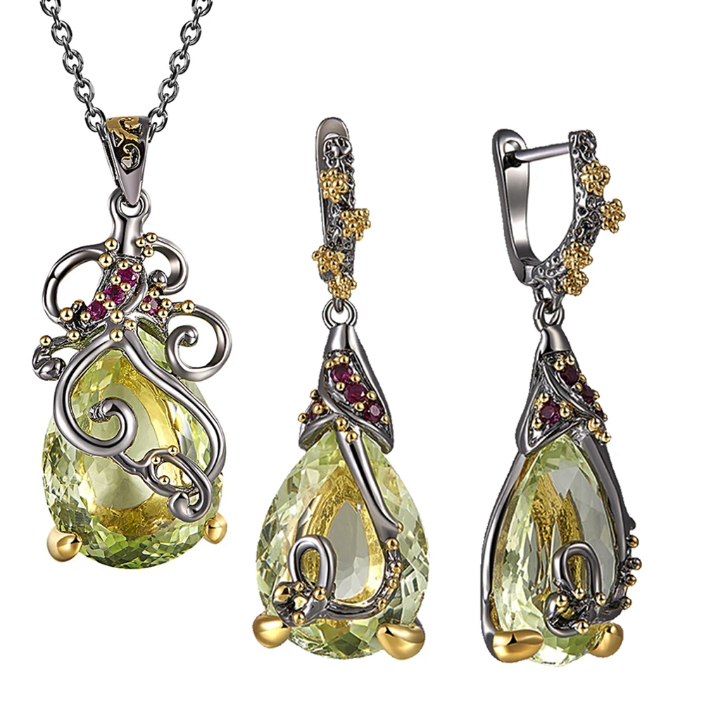 Billige Schöne Neaklace Ohrringe 2pc Set Große Tee drop Olivin Stein Schmuck Sets Farbe Kristall Partei Schmuck für Frauen