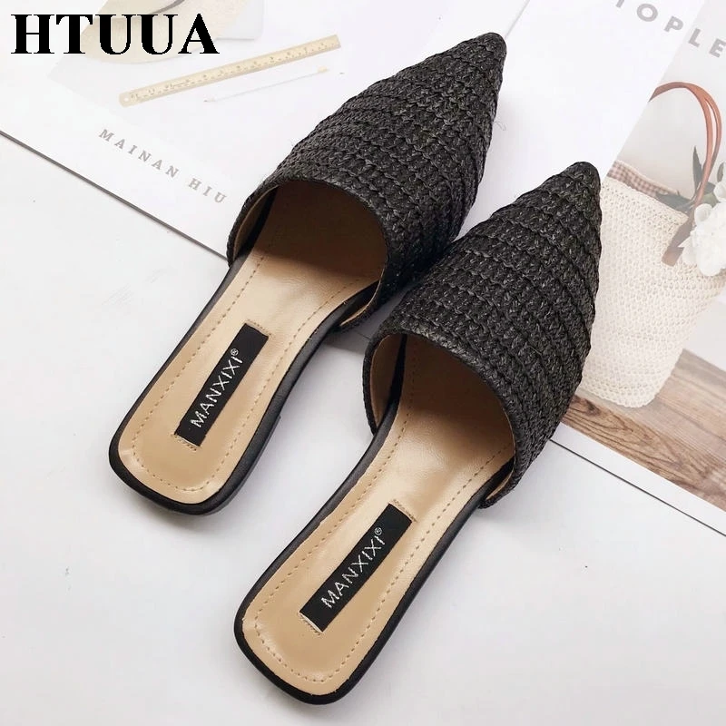 Women Slippers Pointed Toe Weave Mules Shoes Flat Slides Summer Beach Flip Flop Outside Slip On Shoes image 6