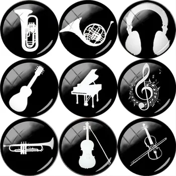 

TAFREE 5pcs Music instrument Silhouette 25mm Round Glass Cabochon DIY Cameo Pendant Settings For Keychain Necklace Earrings