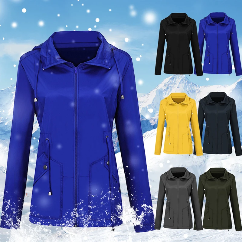 

CALOFE Women Casual Jackets Plus Size Solid Color Windproof Rainproof Windbreaker Hooded Coat Jackets Autumn Women Zipper Coat