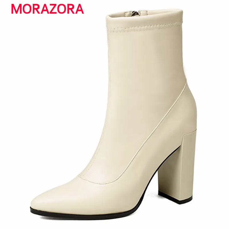 

MORAZORA 2018 new autumn winter ankle boots for women pu+genuine leather boots sexy super high heel ladies boots size 33-40