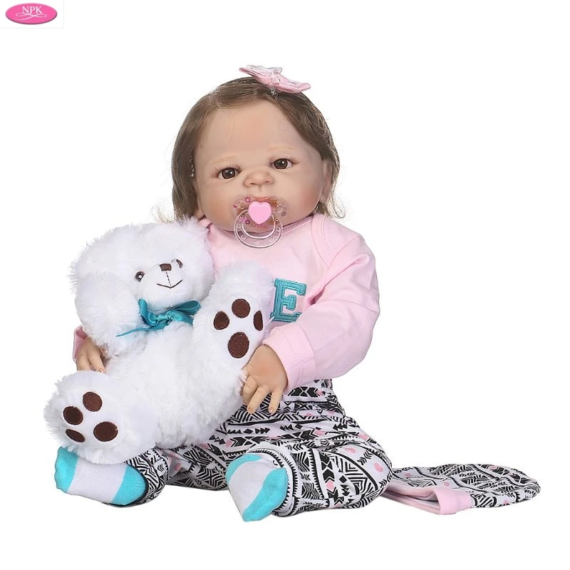 

22in Newborn Lifelike Full Silicone Baby Doll Pink Clothes White Bear Hat Bow Hair Clip Toys Early Childhood OCT31