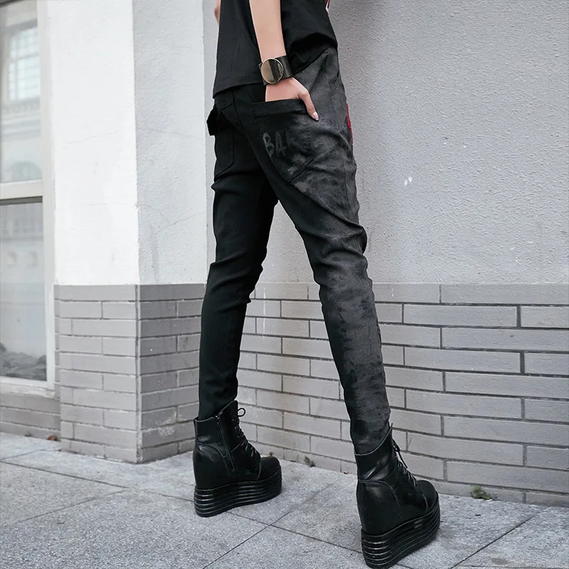 Женские брюки-карандаш с высокой талией в стиле рок-панк, с вышивкой, градиентным принтом, винтажные брюки в готическом стиле, уличная одежда в стиле Харадзюку, Черные хипстеры